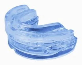 The SleepZee mouthpiece on its own, translucent blue and moulded in one piece, photographed against a plain background